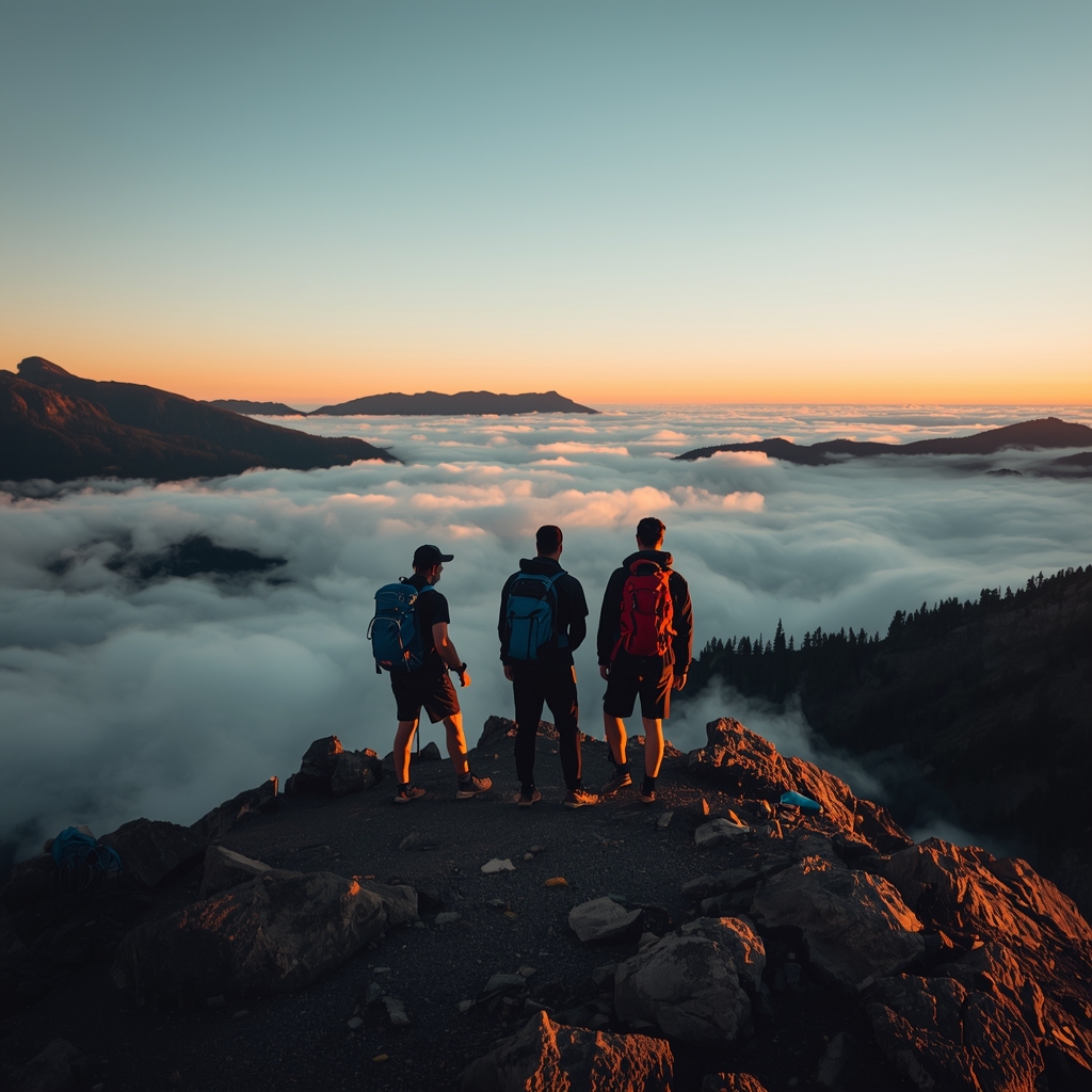 A group of male hikers with backpacks standing at the summit of a mountain peak overlooking a vast valley with rolling clouds below them, sunrise lighting, epic landscape, adventure photography